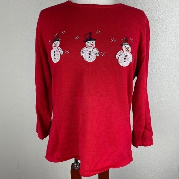 Sag Harbor Red Beaded Snowman Top Size S EUC - Picture 1 of 7